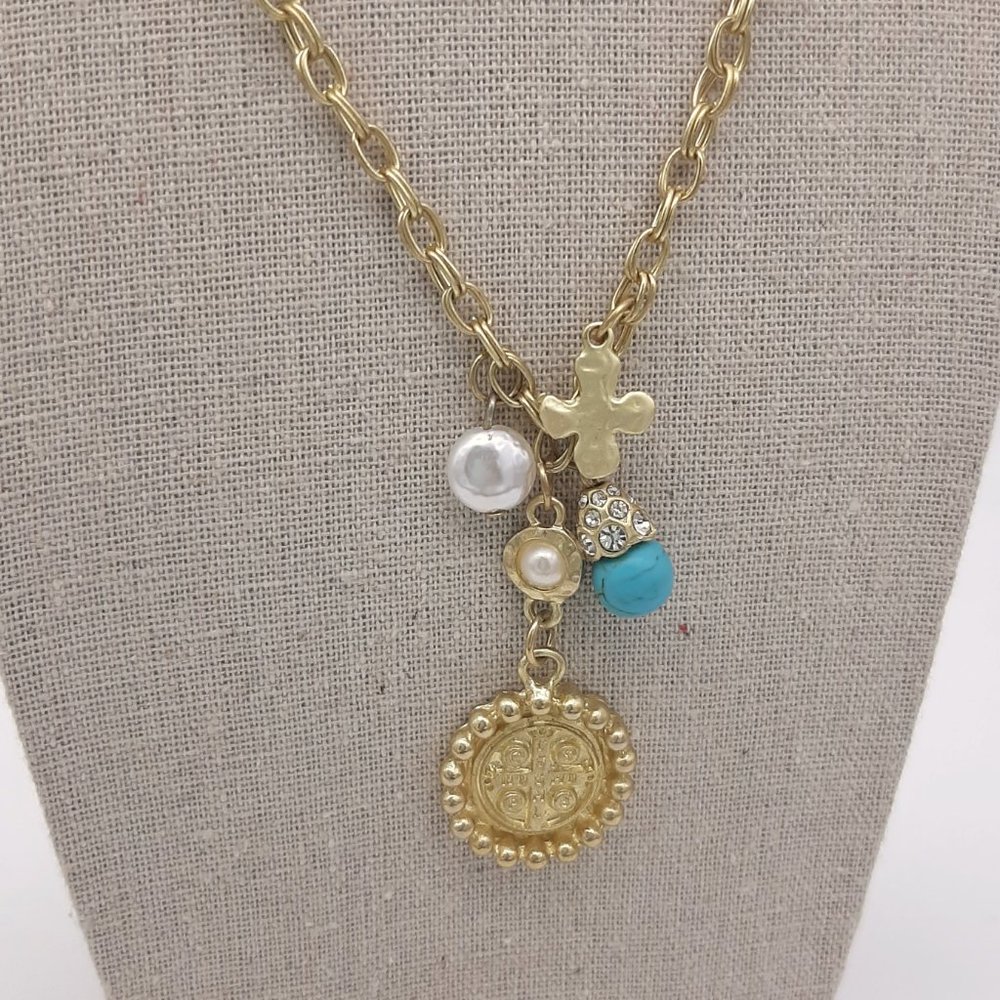 Gold Tone Coin & Faux Turquoise Charm Necklace